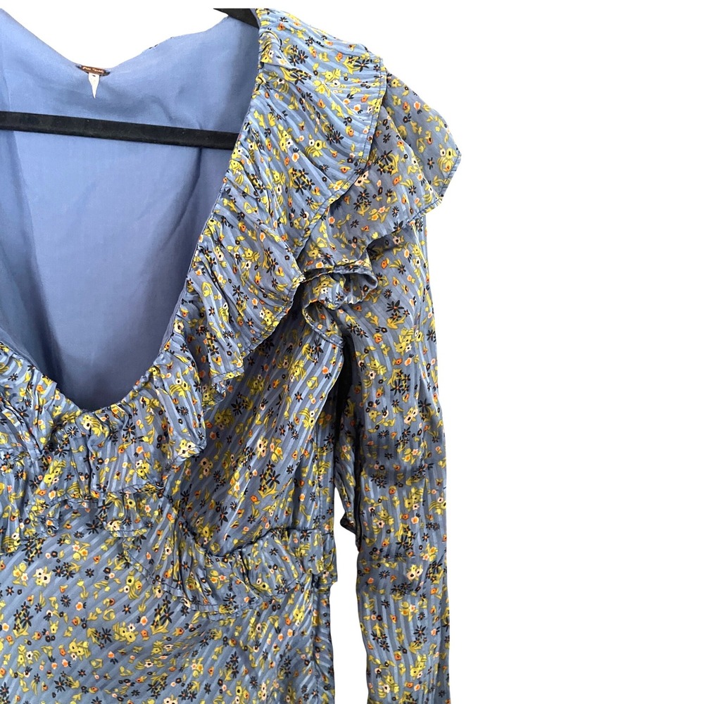 Free People Sweetest Thing Mini Dress Midnight Cowboy Blue Floral Ruffle Size 12 - Picture 8 of 15